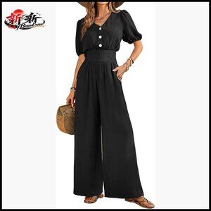 Polyester Jumpsuit with V-Neck and Wide Leg Pants